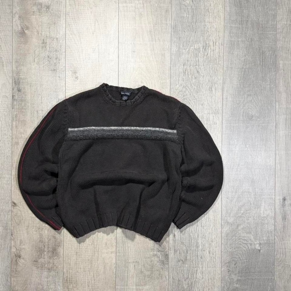 Vintage grunge black red and grey‎ striped fuzzer nautical sweater sweatshirt